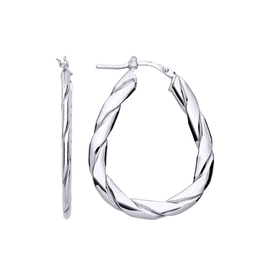 Silver  Plaited Flat Twist Pear Hoop Earrings - ER149