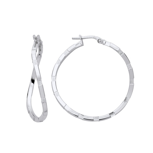 925 Sterling Silver  Diamond-cut Brick Road Wavy Hoop Earrings - ER157