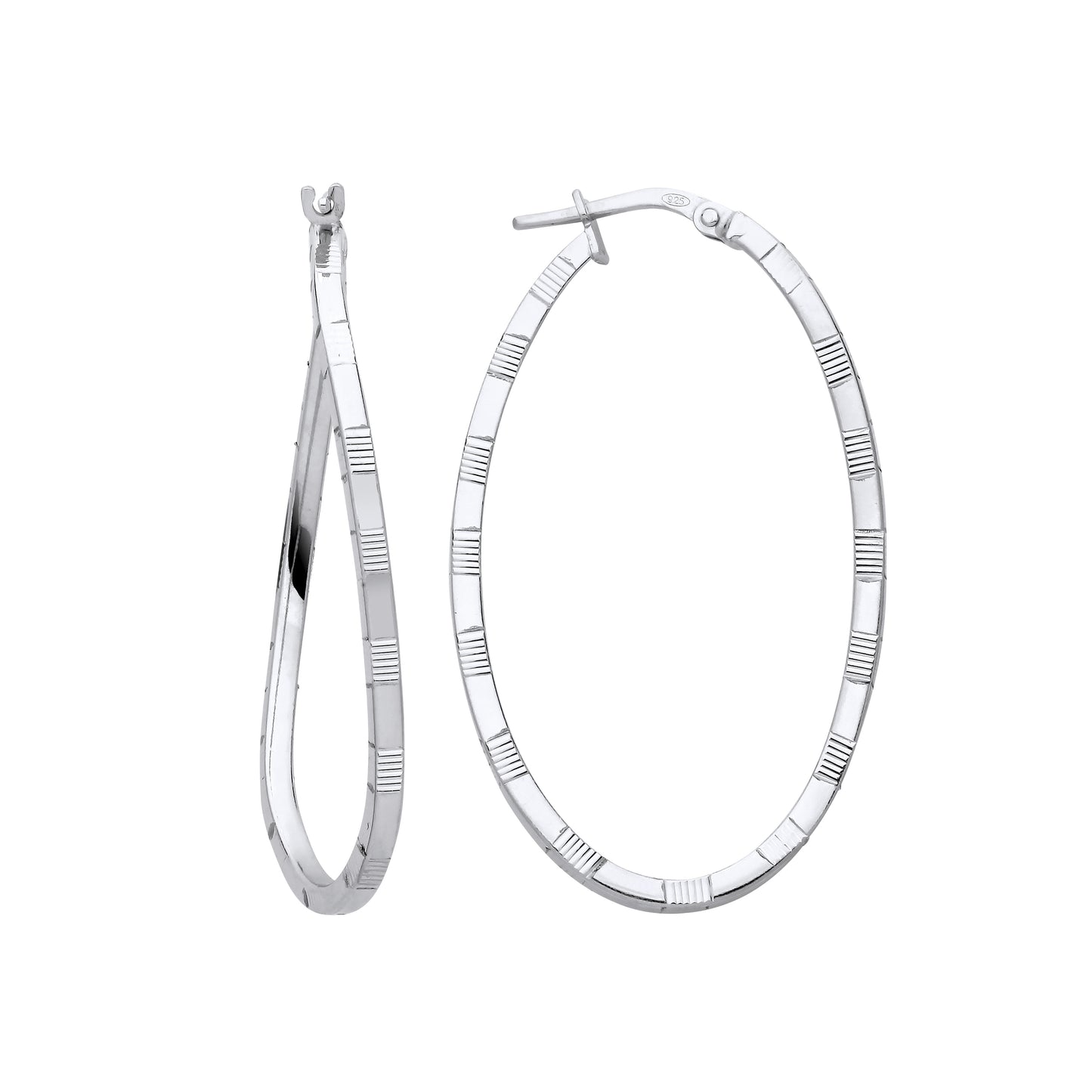 Silver  Diamond-cut Brick Road Wavy Oval Hoop Earrings - ER159