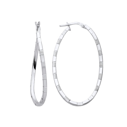 Sterling Silver  Diamond-cut Brick Road Wavy Oval Hoop Earrings - ER159