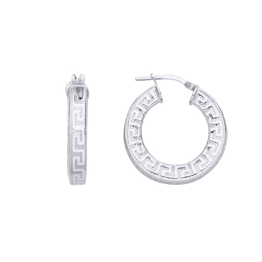 Platinum Plated Silver  Greek Key Mesh Flat Hoop Creole Earrings 24mm 4mm - ER165