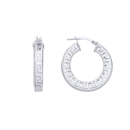 Silver  Greek Key Mesh Flat Hoop Creole Earrings 24mm 4mm - ER165