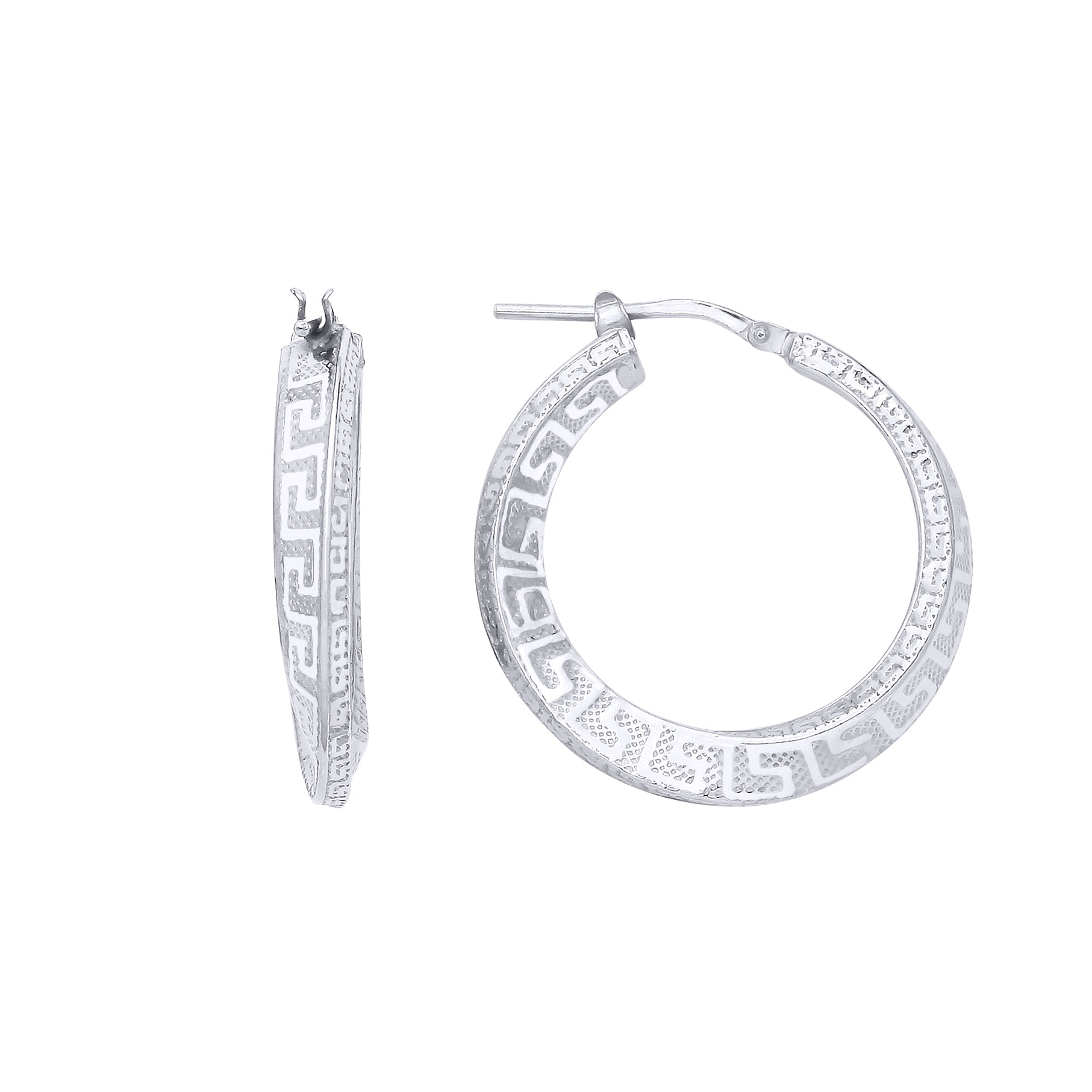 Platinum Plated Silver  Greek Key Graduated Hoop Creole Earrings 27mm 4mm - ER166