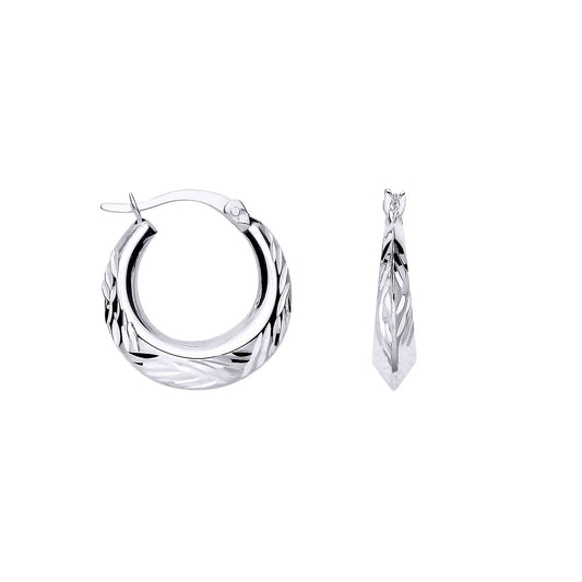 Silver  Diamond-cut Feathered Round Hoop Creole Earrings - ER171