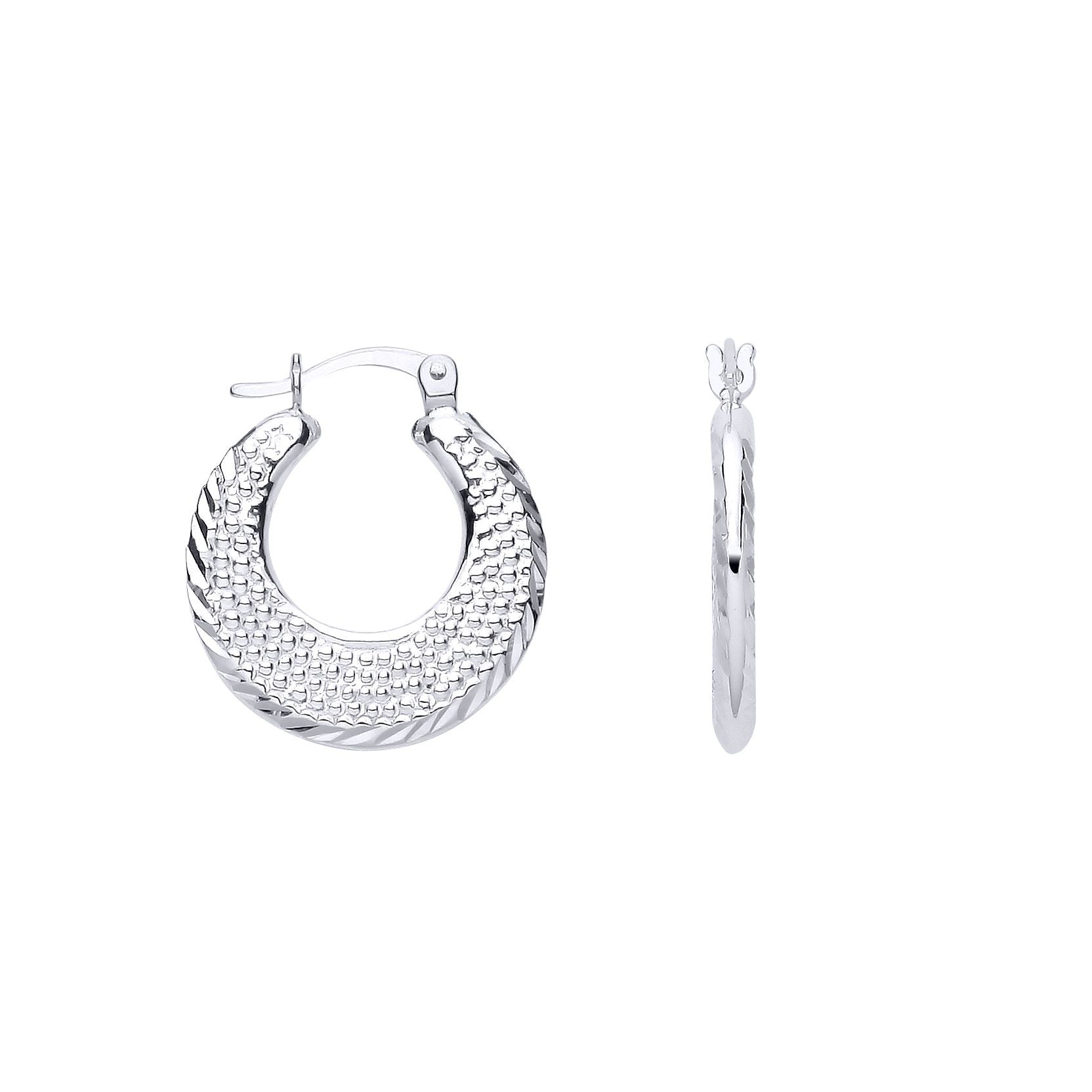 Silver  Diamond-cut Rope Edge Pave Bead Texture Creole Earrings - ER180