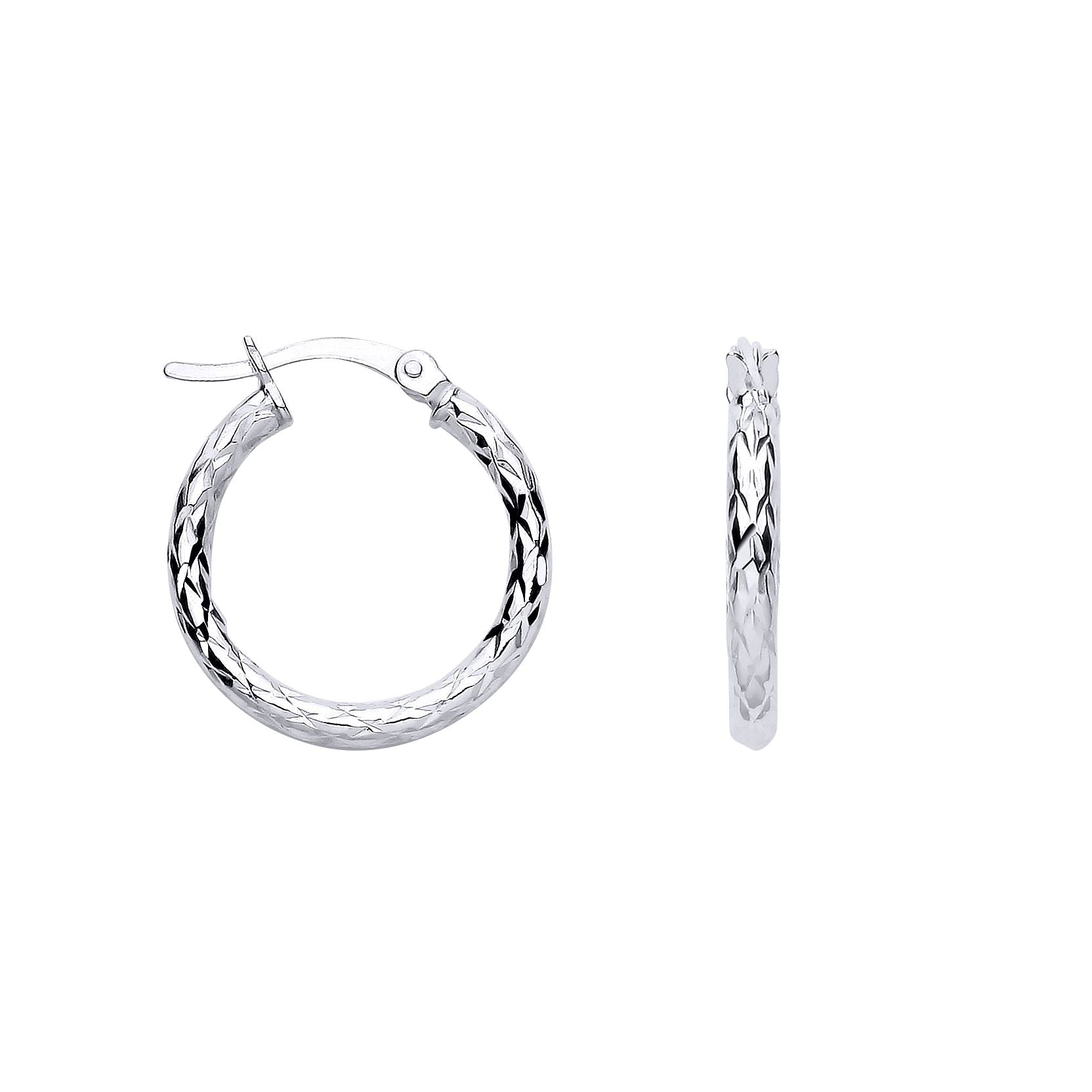 Silver  Diamond-cut Criss Cross Round Hoop Creole Earrings - ER183