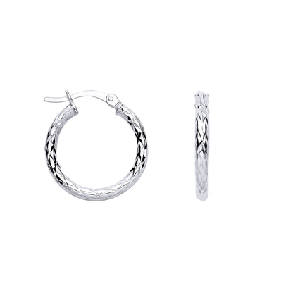 Silver  Diamond-cut Criss Cross Round Hoop Creole Earrings - ER183