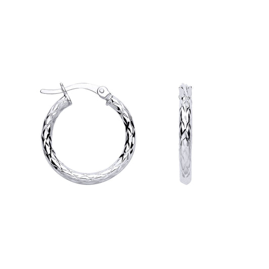 Silver  Diamond-cut Criss Cross Round Hoop Creole Earrings - ER183