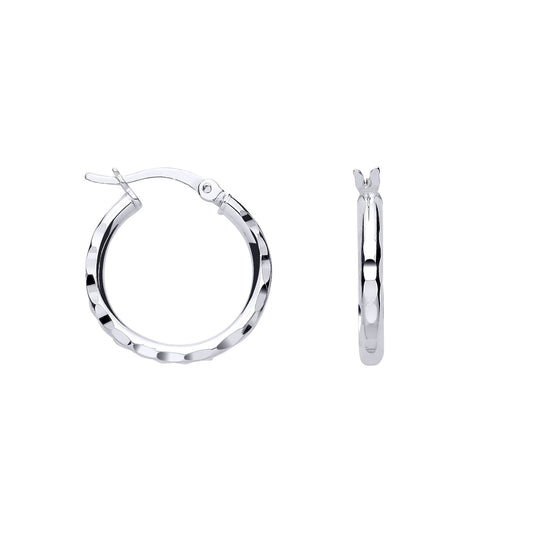 Silver  Diamon-cut Faceted Round Hoop Creole Earrings - ER185