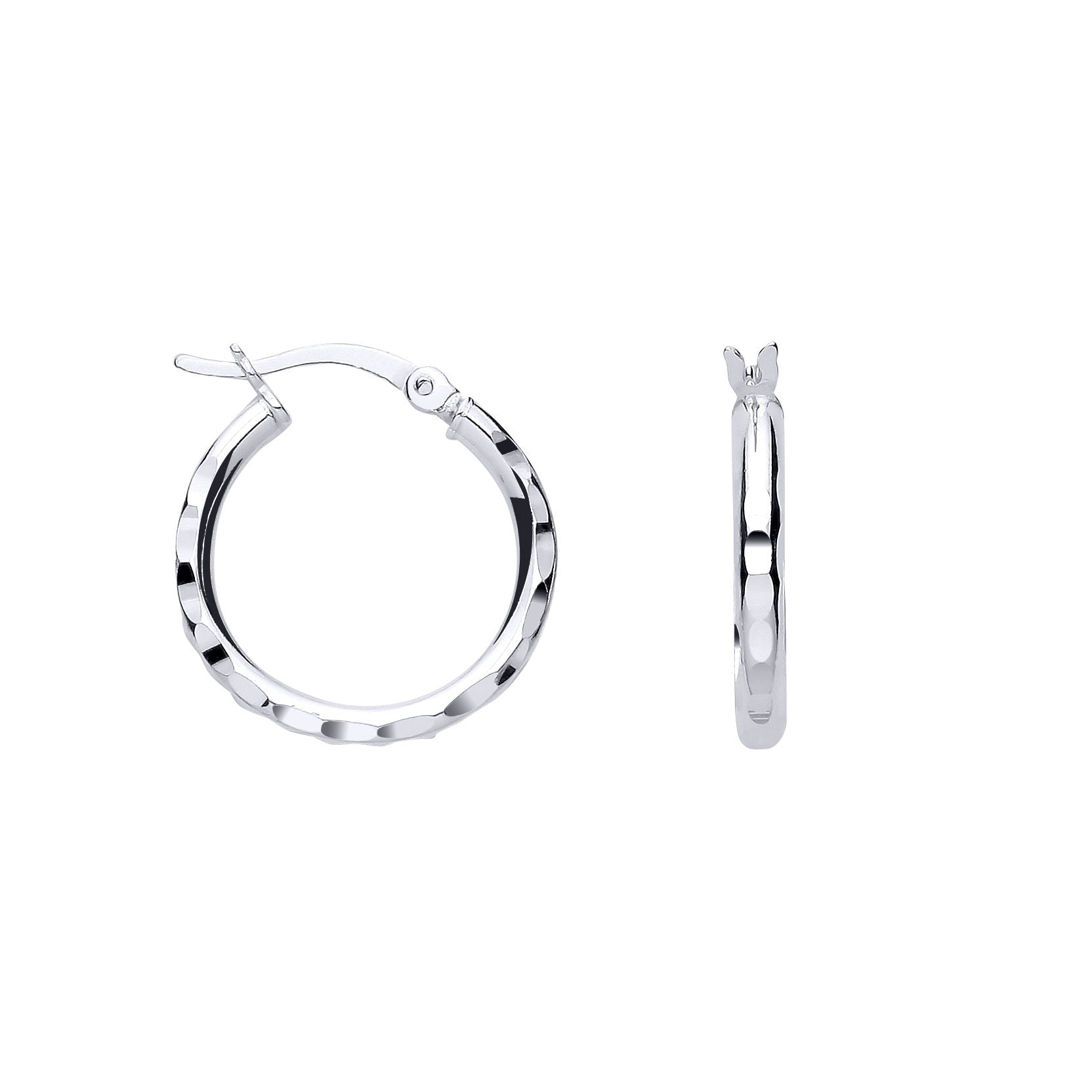 Silver  Diamon-cut Faceted Round Hoop Creole Earrings - ER185