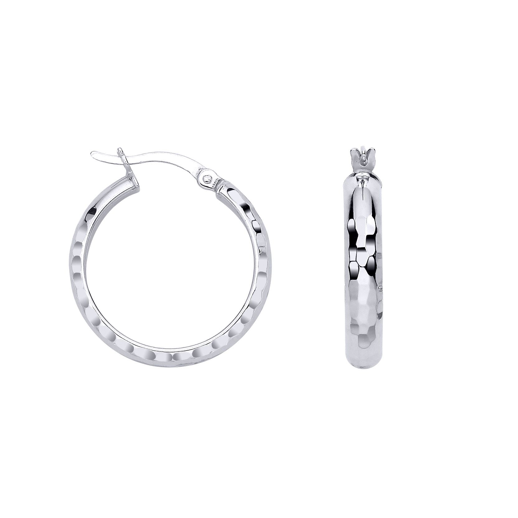 Silver  Diamon-cut Faceted Round Hoop D-Shape Creole Earrings - ER186