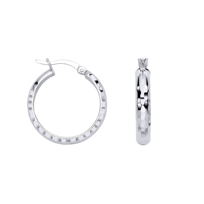 Silver  Diamon-cut Faceted Round Hoop D-Shape Creole Earrings - ER186