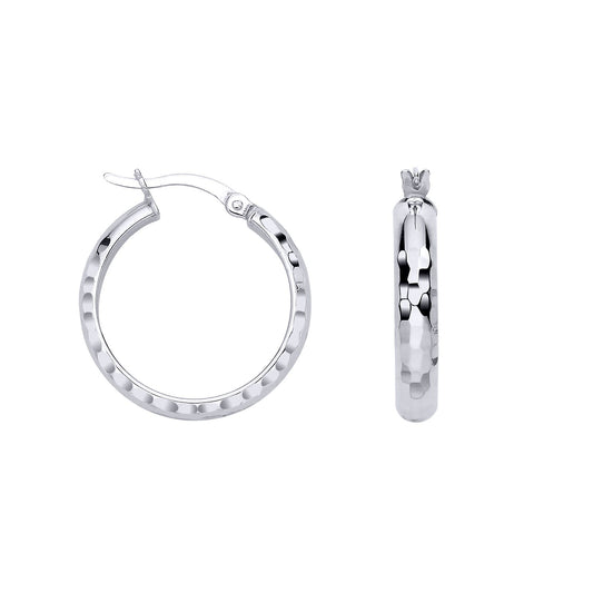 Silver  Diamon-cut Faceted Round Hoop D-Shape Creole Earrings - ER186