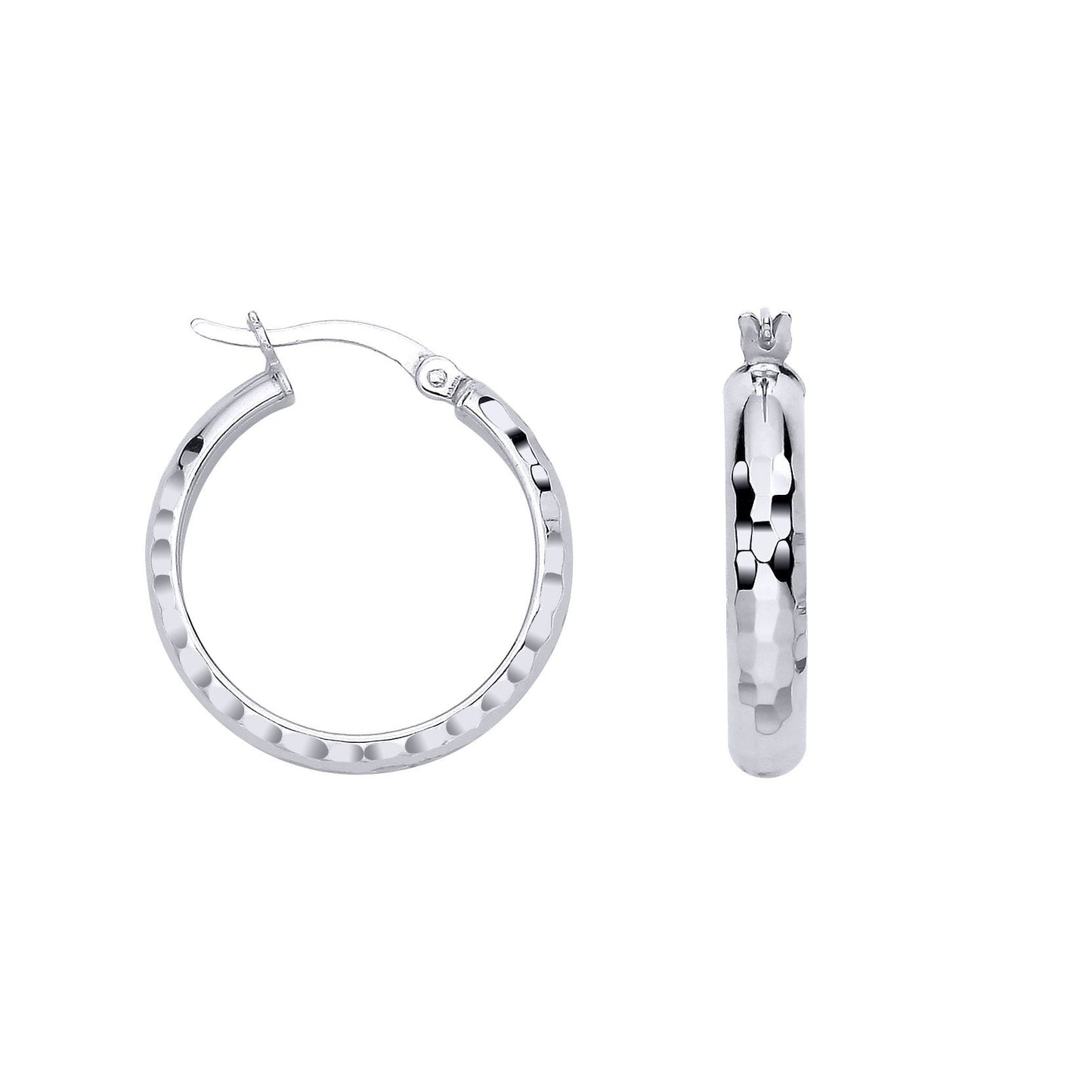 Silver  Diamon-cut Faceted Round Hoop D-Shape Creole Earrings - ER186