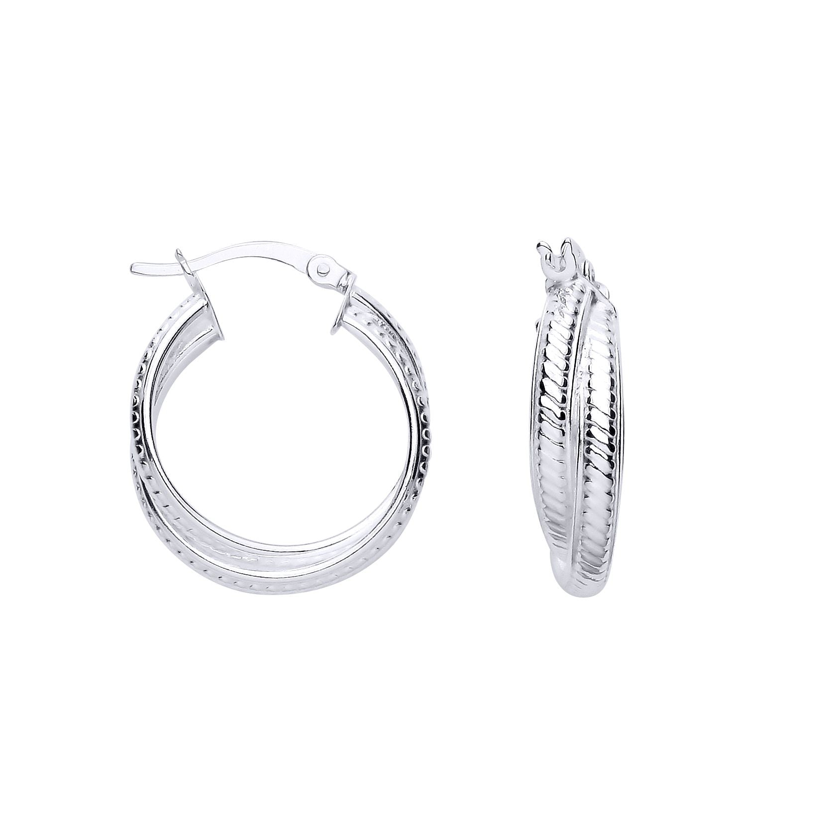 Silver  Ribbed Scroll Double Hoop Creole Earrings - ER188