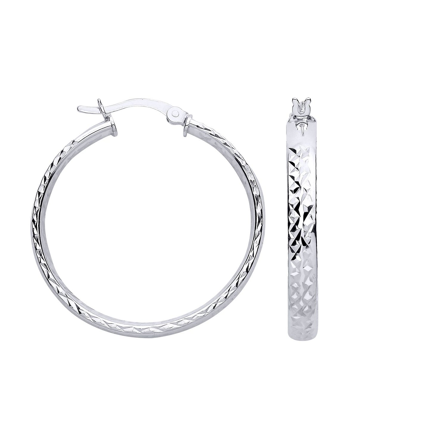 Silver  Diamond-cut Criss Cross Round Hoop Creole Earrings - ER192