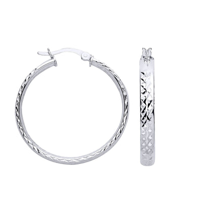 Silver  Diamond-cut Criss Cross Round Hoop Creole Earrings - ER192