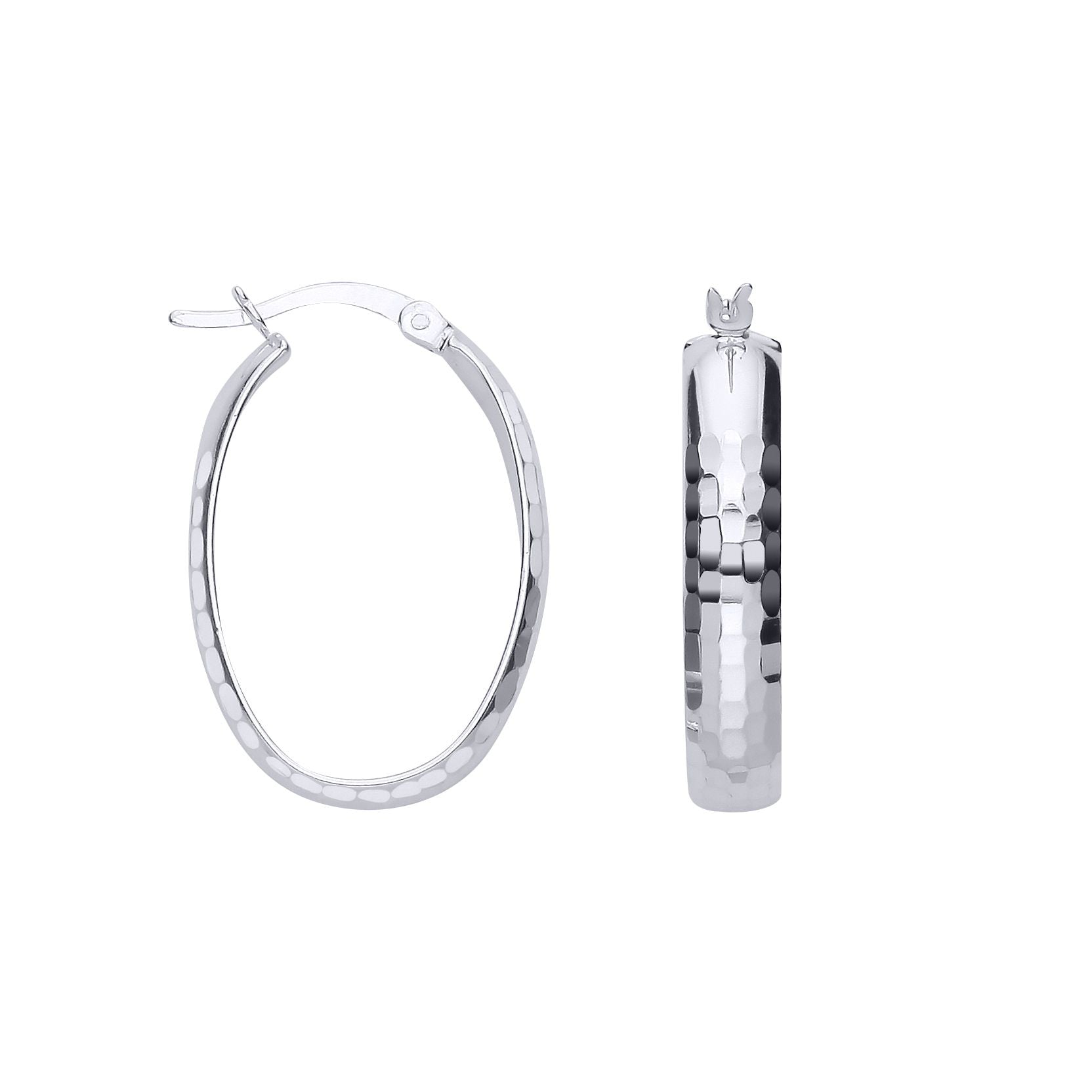 Silver  Hammered Faceted Oval Hoop Creole Earrings - ER193