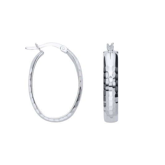 Silver  Hammered Faceted Oval Hoop Creole Earrings - ER193