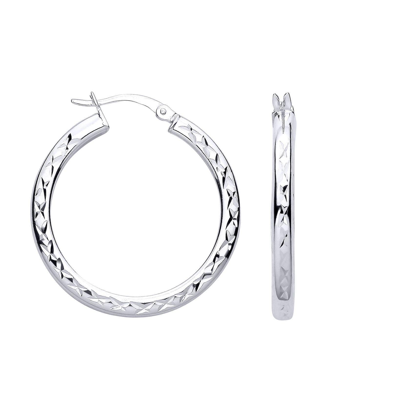 Silver  Diamond-cut Criss Cross Round Hoop Creole Earrings - ER194