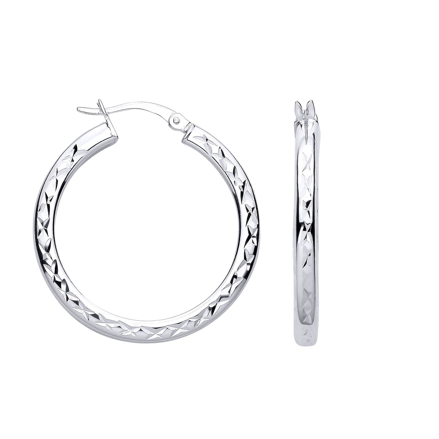 Silver  Diamond-cut Criss Cross Round Hoop Creole Earrings - ER194