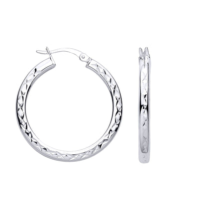 Silver  Diamond-cut Criss Cross Round Hoop Creole Earrings - ER194