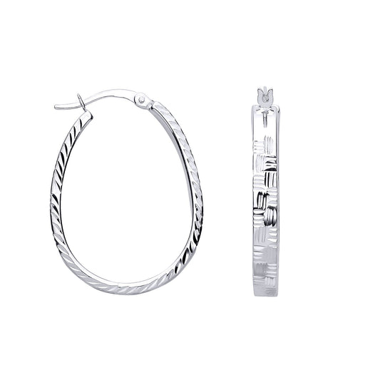 Silver  Diamond-cut Tread Plate Oval Hoop Creole Earrings - ER195