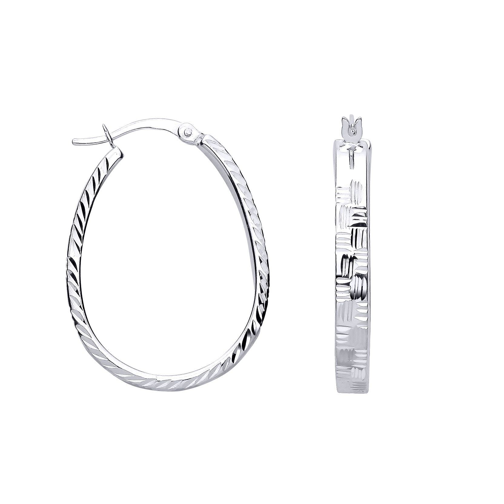 Silver  Diamond-cut Tread Plate Oval Hoop Creole Earrings - ER195