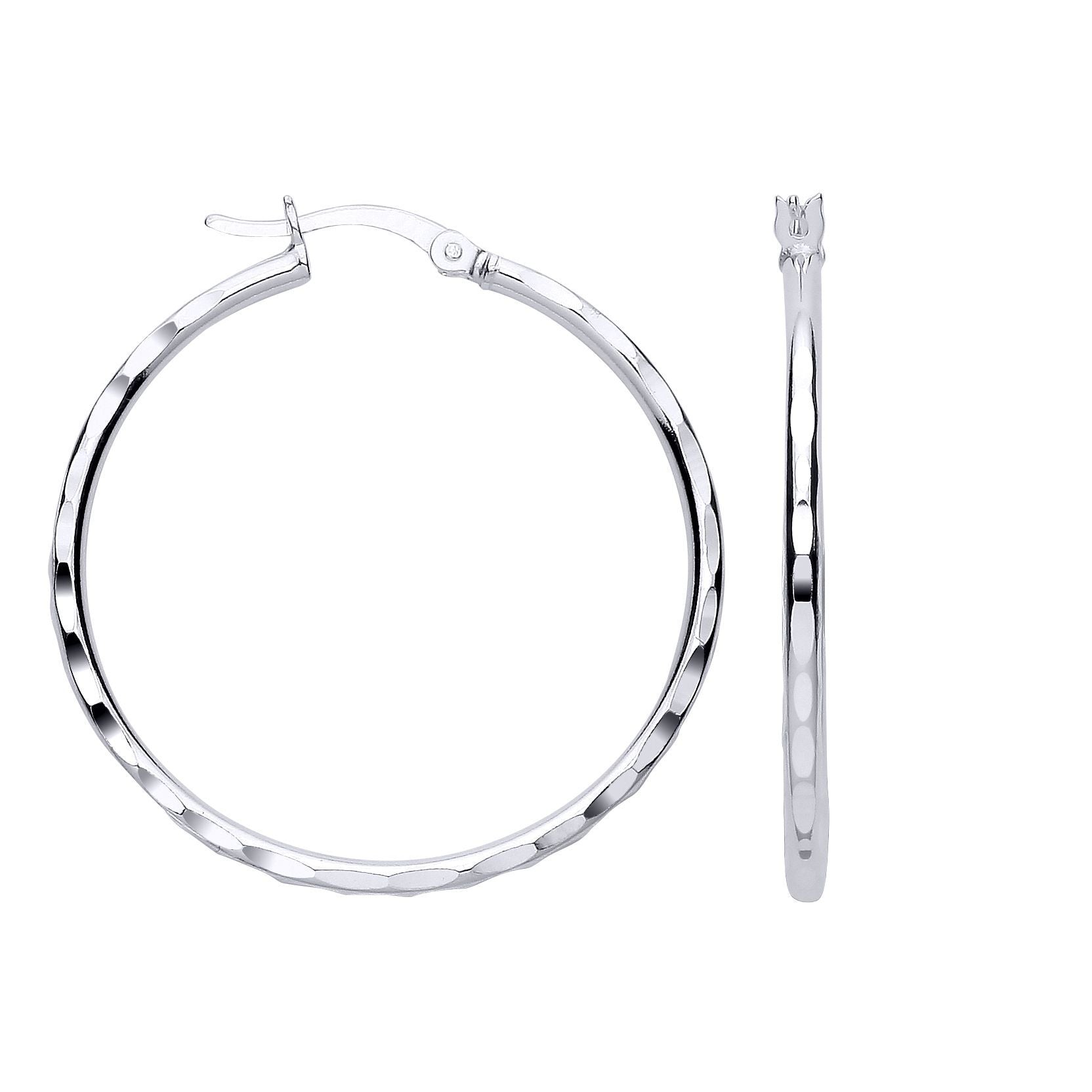 Silver  Curved Faceted Round Hoop Creole Earrings - ER196