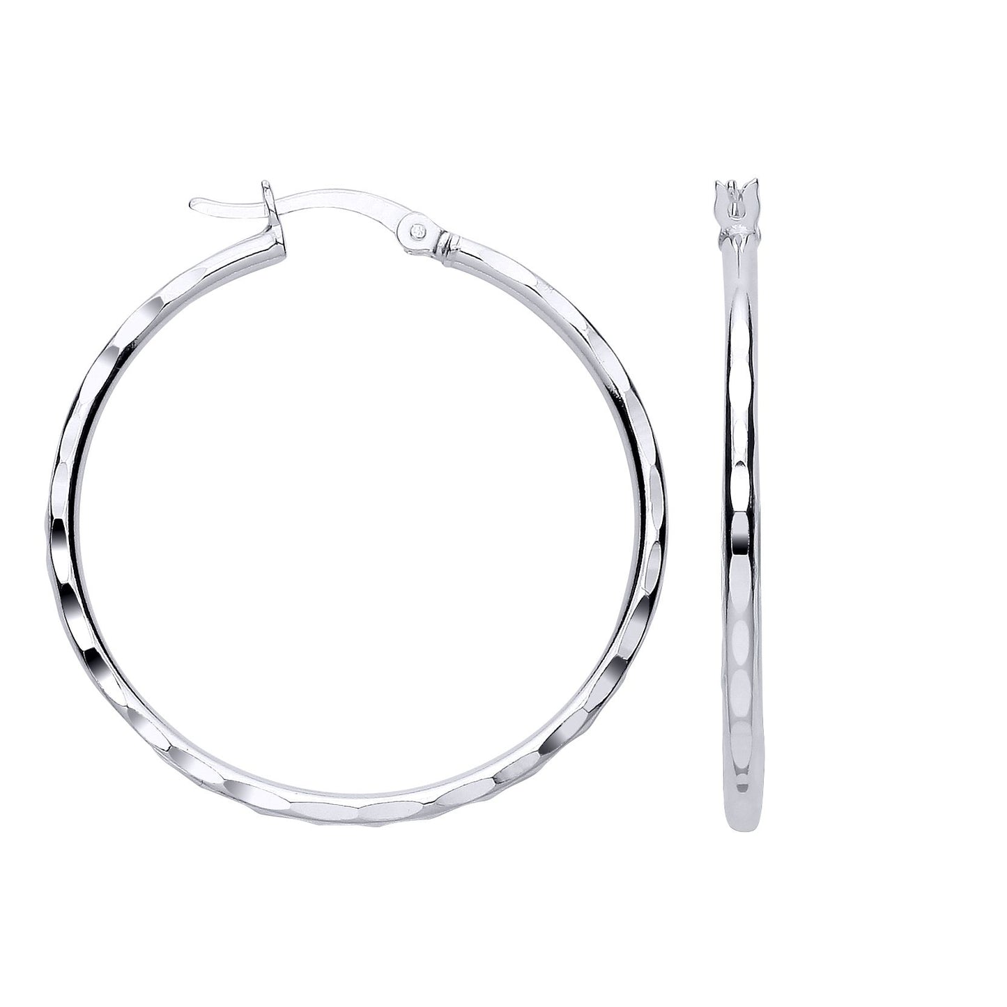 Silver  Curved Faceted Round Hoop Creole Earrings - ER196