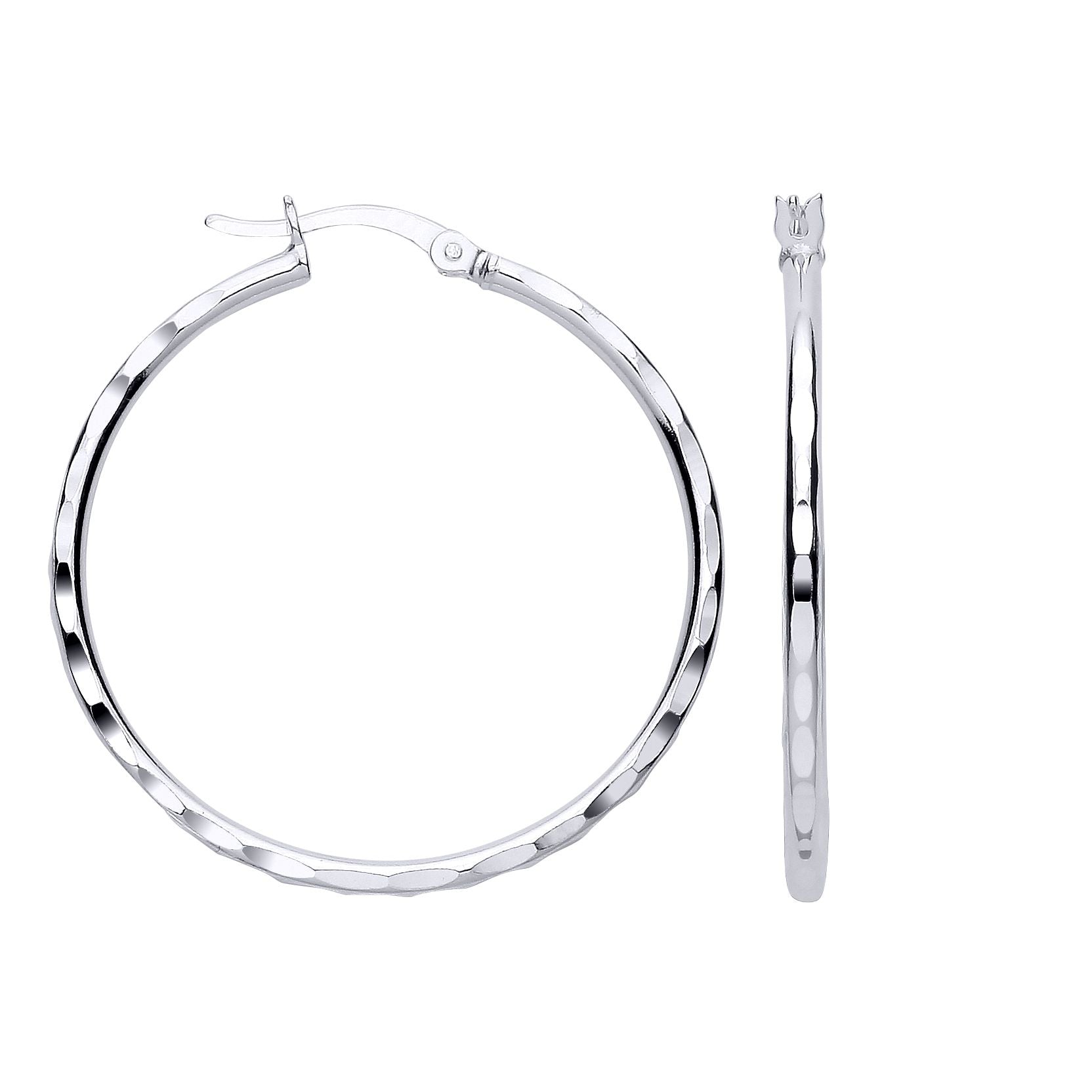 Silver  Curved Faceted Round Hoop Creole Earrings - ER196