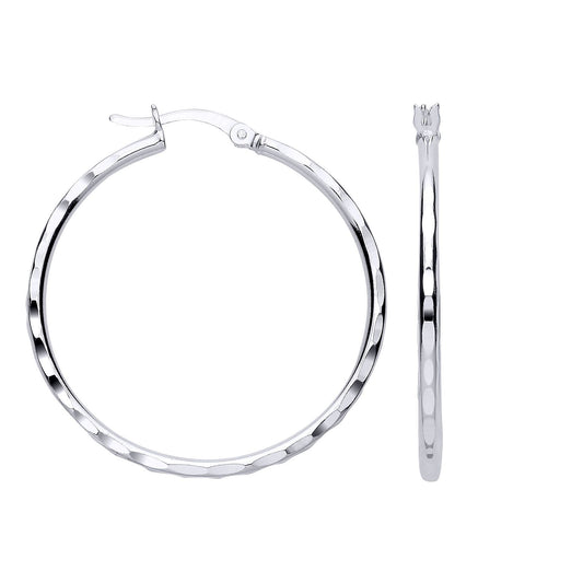 Silver  Curved Faceted Round Hoop Creole Earrings - ER196