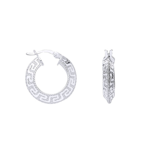 Silver  Knife Edge Greek Eye Flat Round Hoop Creole Earrings - ER197