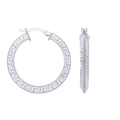 Silver  Knife Edge Greek Eye Flat Round Hoop Creole Earrings - ER198