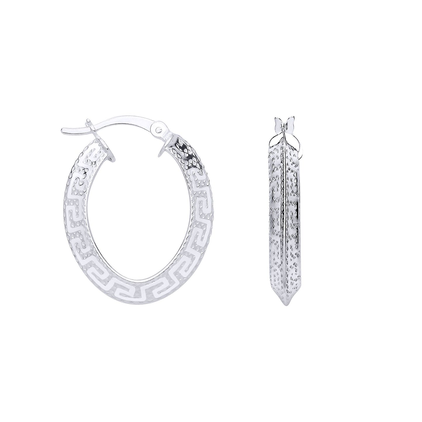 Silver  Knife Edge Greek Eye Flat Oval Hoop Creole Earrings - ER199