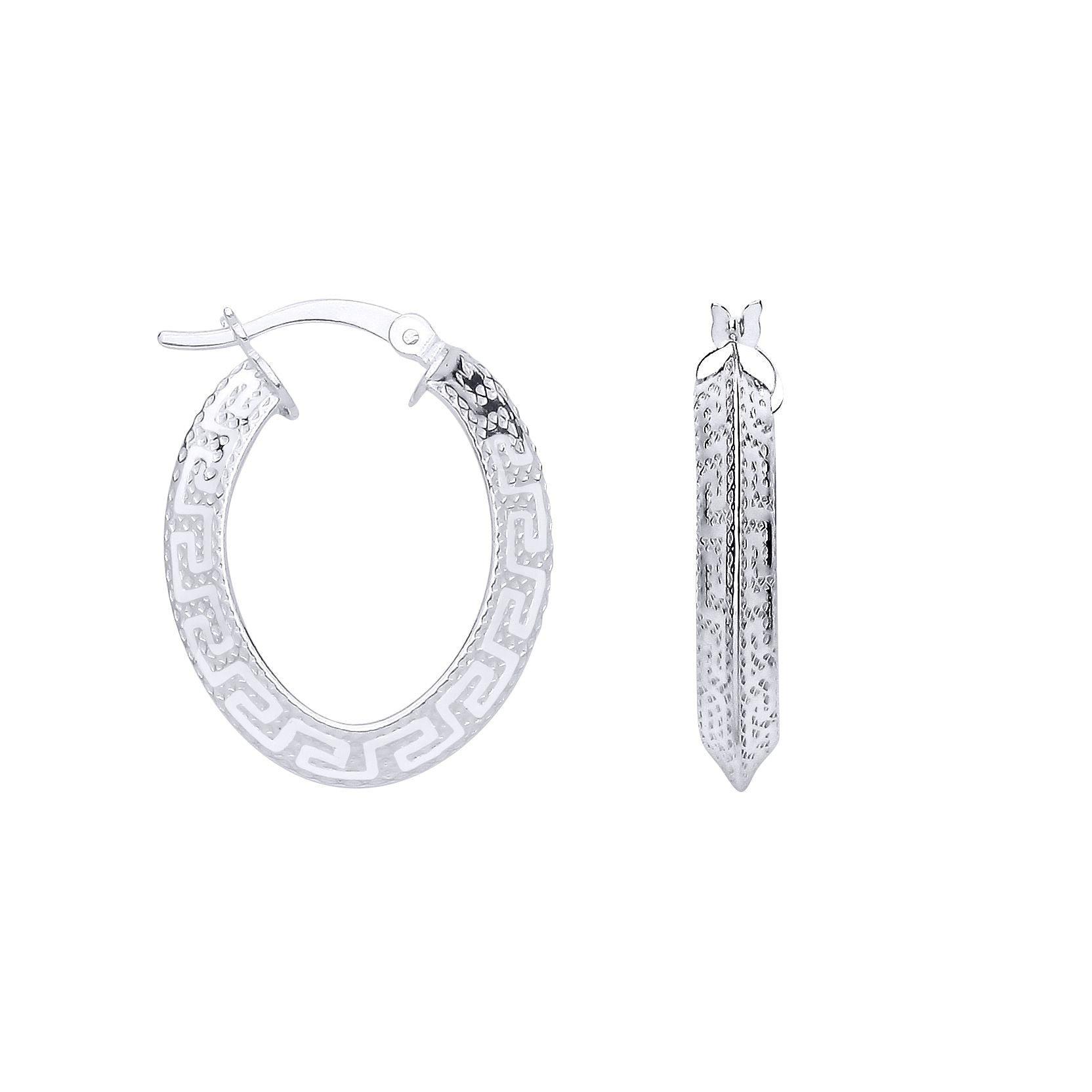 Silver  Knife Edge Greek Eye Flat Oval Hoop Creole Earrings - ER199