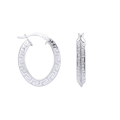 Silver  Knife Edge Greek Eye Flat Oval Hoop Creole Earrings - ER199