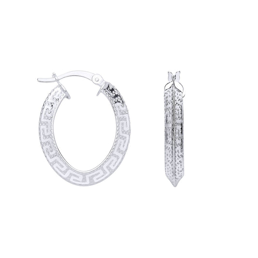 Silver  Knife Edge Greek Eye Flat Oval Hoop Creole Earrings - ER199