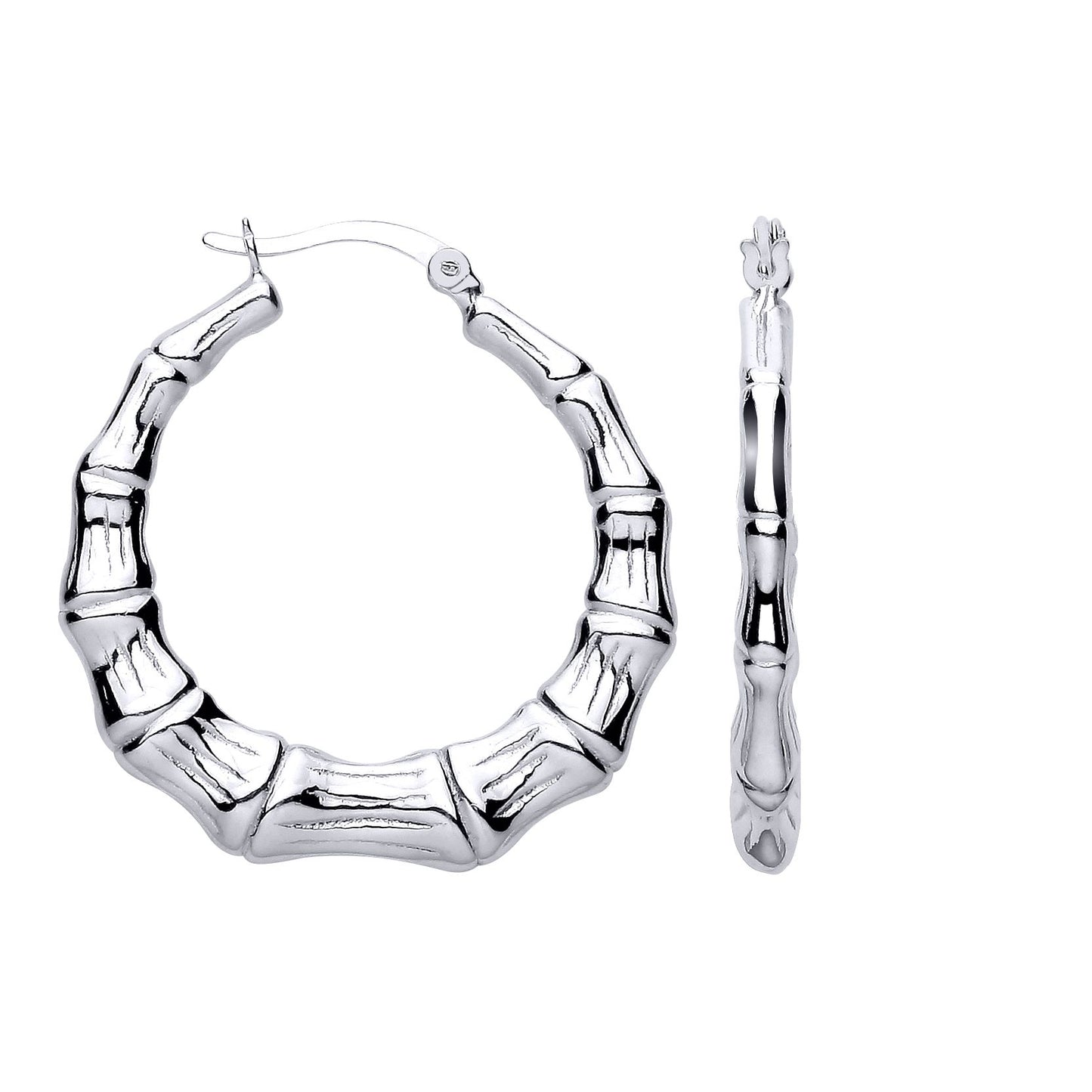 Silver  Textured Bamboo Round Hoop Creole Earrings - ER205