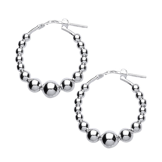 Silver  Graduated Bead Hoop Earrings 25mm 6mm - ER41