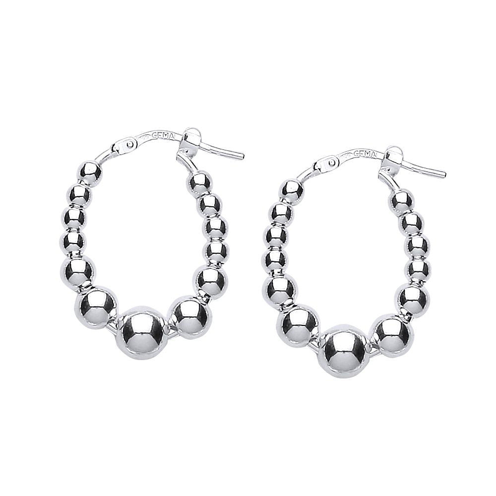 Silver  Oval Graduated Bead Hoop Earrings 19mm 6mm - ER42