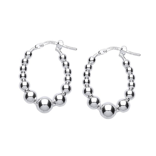Silver  Oval Graduated Bead Hoop Earrings 19mm 6mm - ER42