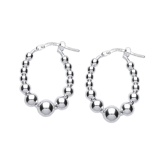 Silver  Oval Graduated Bead Hoop Earrings 19mm 6mm - ER42