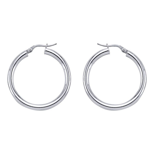 Silver Round Tube Polished Hoop Earrings 30mm - ER7