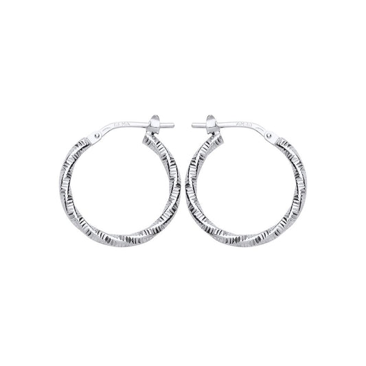 Silver  Square Tube Ribbed Twist Hoop Earrings 19mm - ER85