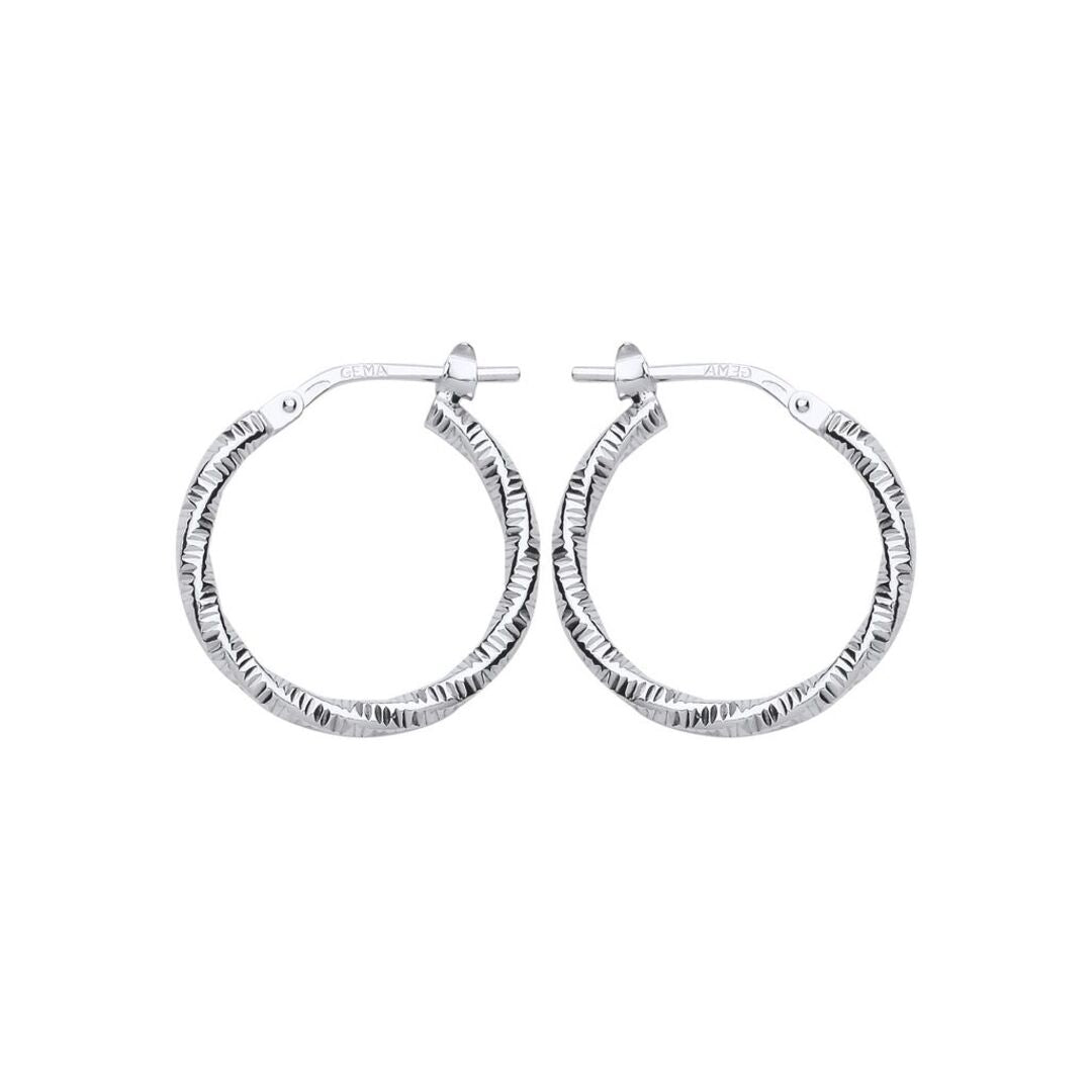 Silver  Square Tube Ribbed Twist Hoop Earrings 19mm - ER85