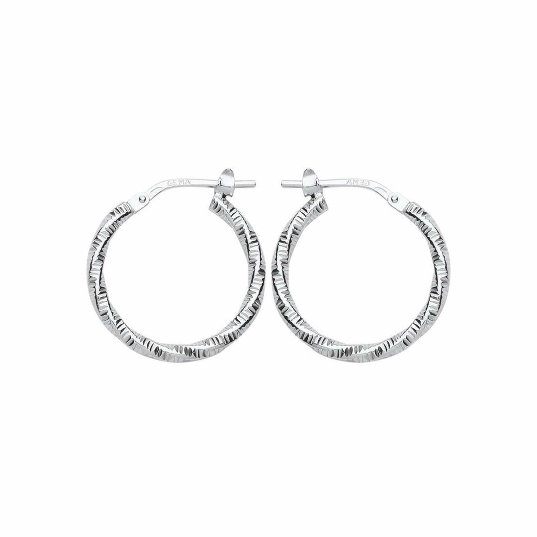 Silver  Square Tube Ribbed Twist Hoop Earrings 19mm - ER85