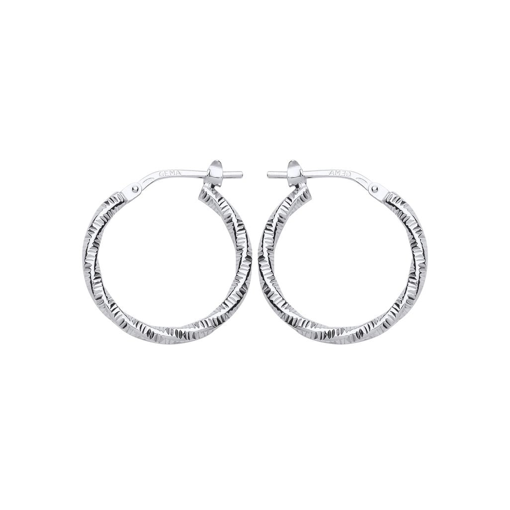 Silver  Square Tube Ribbed Twist Hoop Earrings 19mm - ER85
