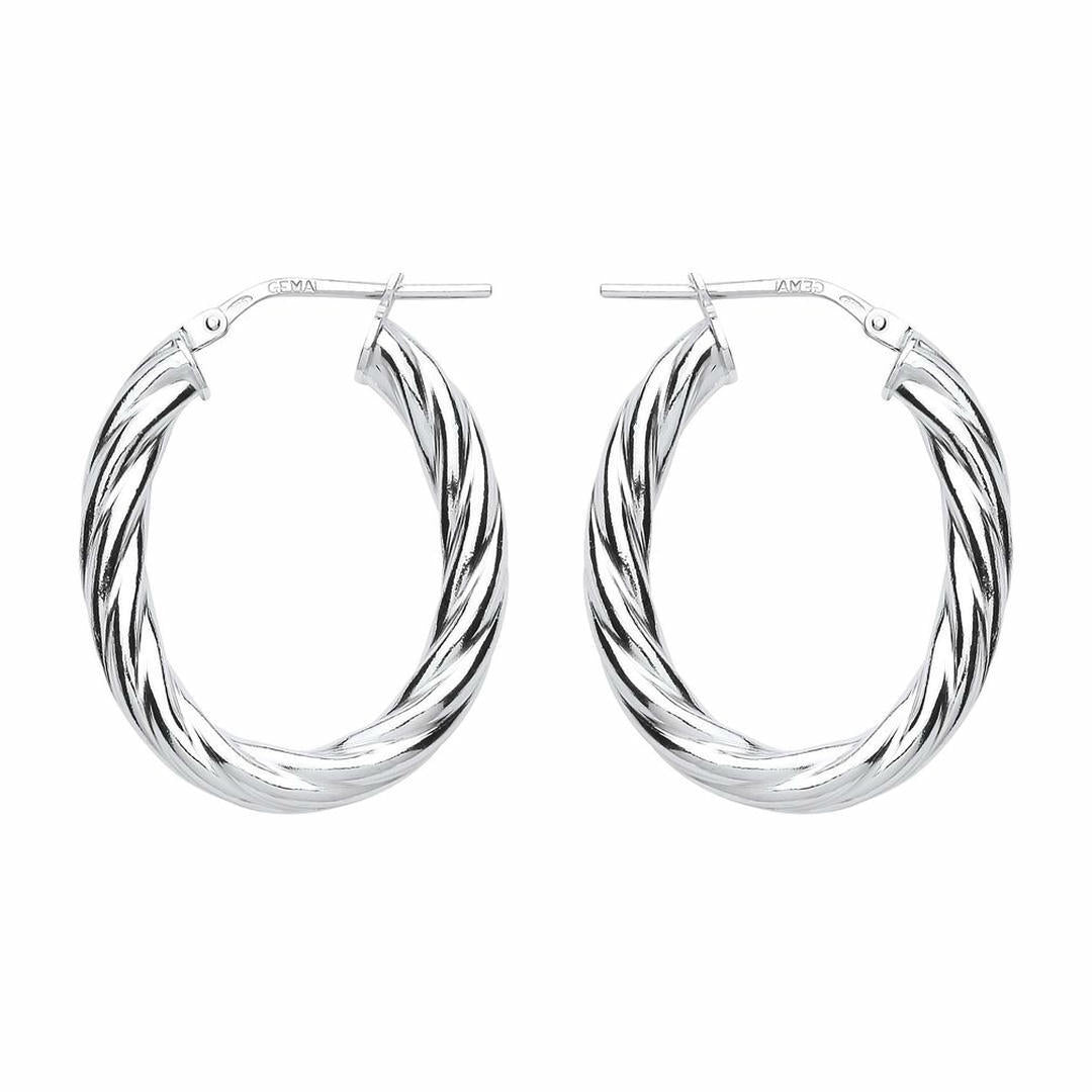 Silver  Oval Twist Hoop Earrings 23mm x 30mm - ER91