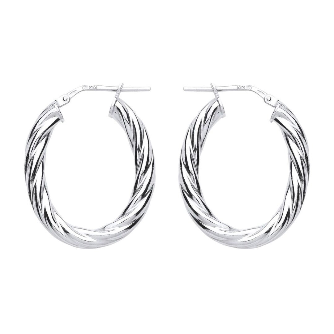 Silver  Oval Twist Hoop Earrings 23mm x 30mm - ER91
